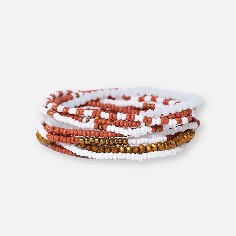 Game Day Color Block Beaded 10 Strand Stretch Bracelets Burnt Orange + White