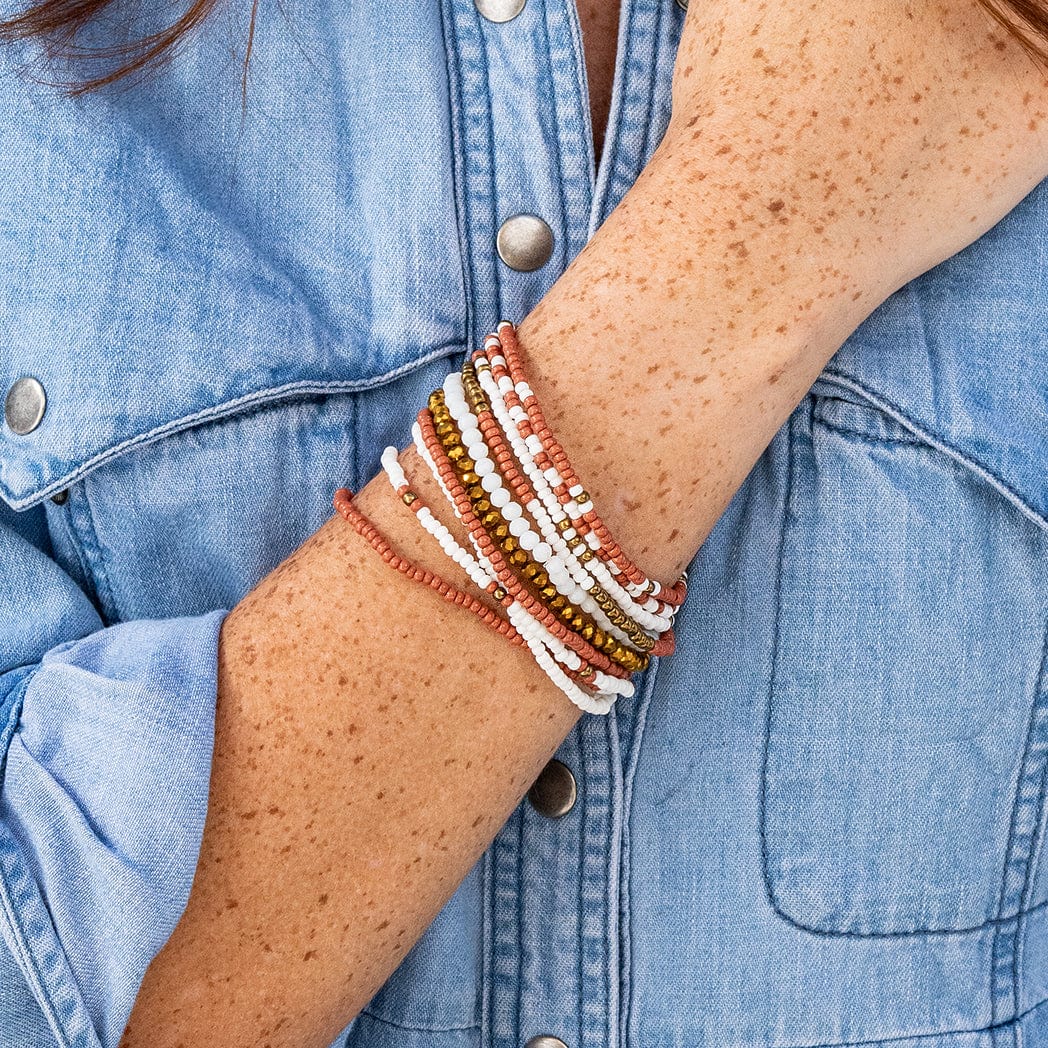 Game Day Color Block Beaded 10 Strand Stretch Bracelets Burnt Orange + White