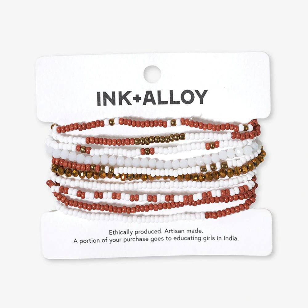 Game Day Color Block Beaded 10 Strand Stretch Bracelets Burnt Orange + White