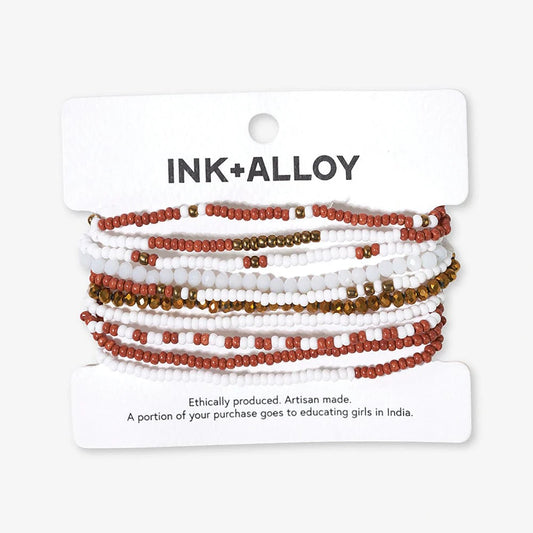 Game Day Color Block Beaded 10 Strand Stretch Bracelets Burnt Orange + White