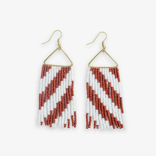 Whitney Game Day Diagonal Stripes Beaded Fringe Earrings Burnt Orange and White